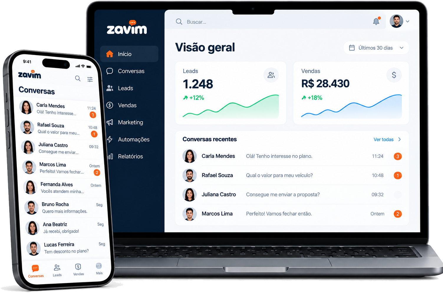 Painel do Zavim no notebook e a tela de conversas no celular